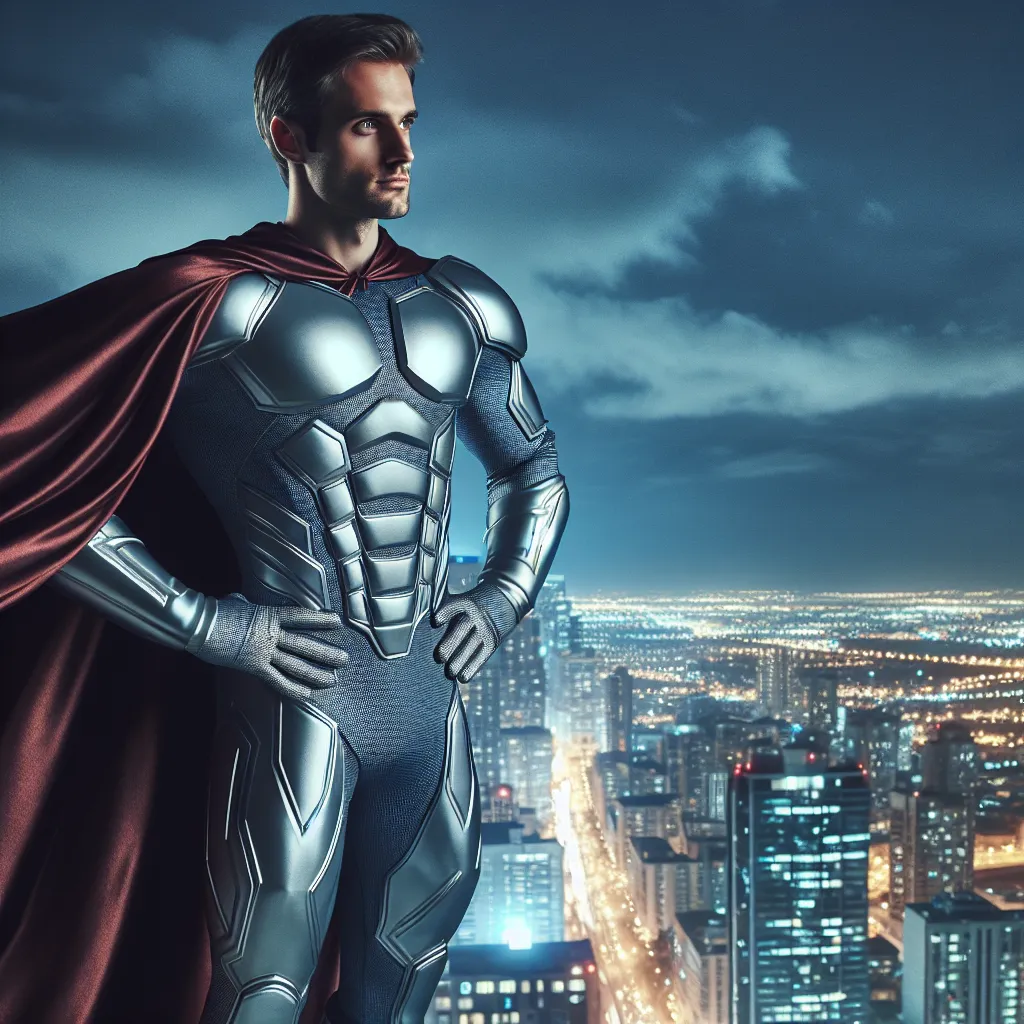 Un super-héros courageux debout sur un gratte-ciel surveillant la ville, idéal pour une photo de profil cool