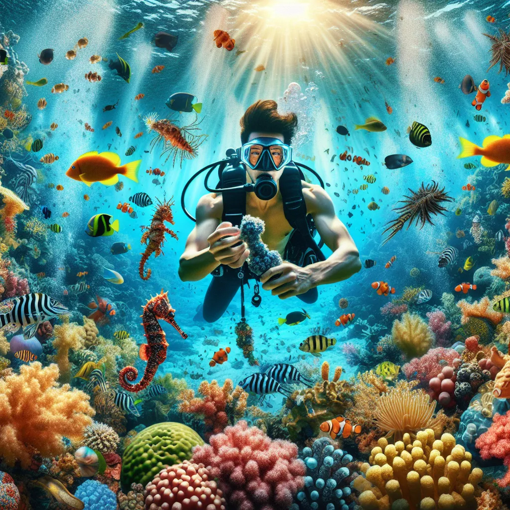 Ein Taucher, der die farbenprächtige Welt eines Korallenriffs erkundet, ideal für ein cooles Profilbild