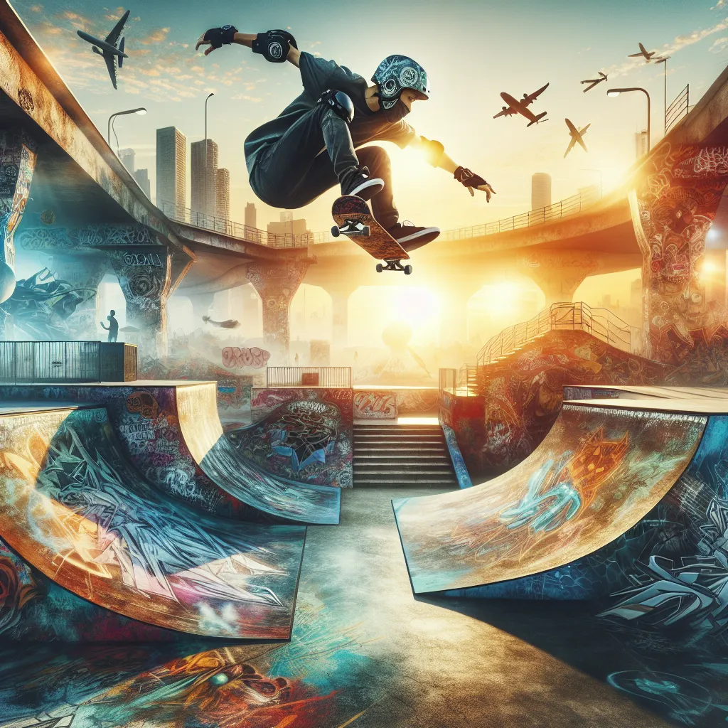 An urban skatepark with a skater in action, lively and energetic, perfect for a cool profile picture
