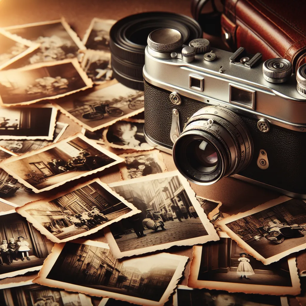 Una cámara vintage y fotografías, nostálgicas y artísticas, geniales para una foto de perfil genial