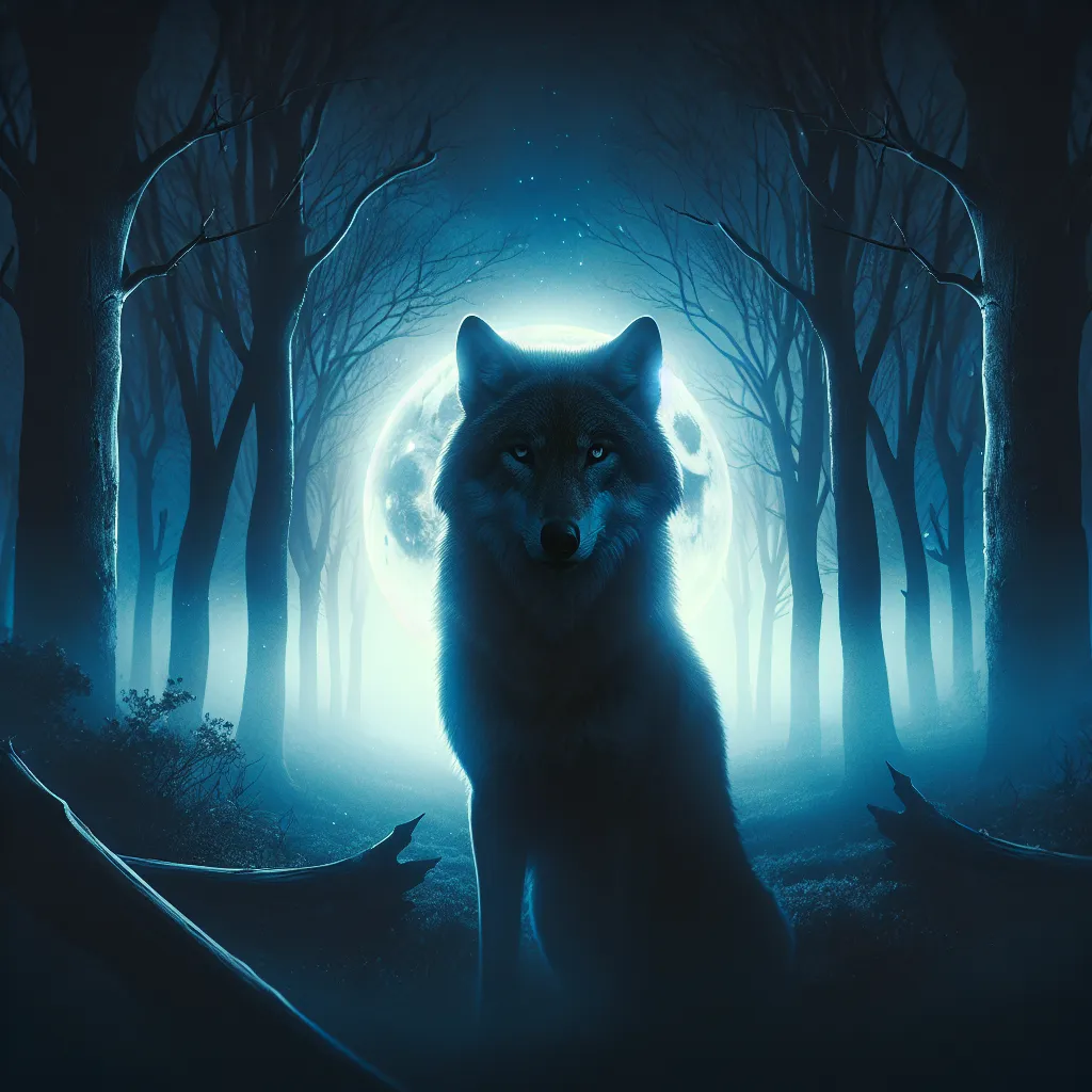 A mysterious wolf standing in the moonlight, surrounded by a foggy forest landscape, perfect for a cool profile picture