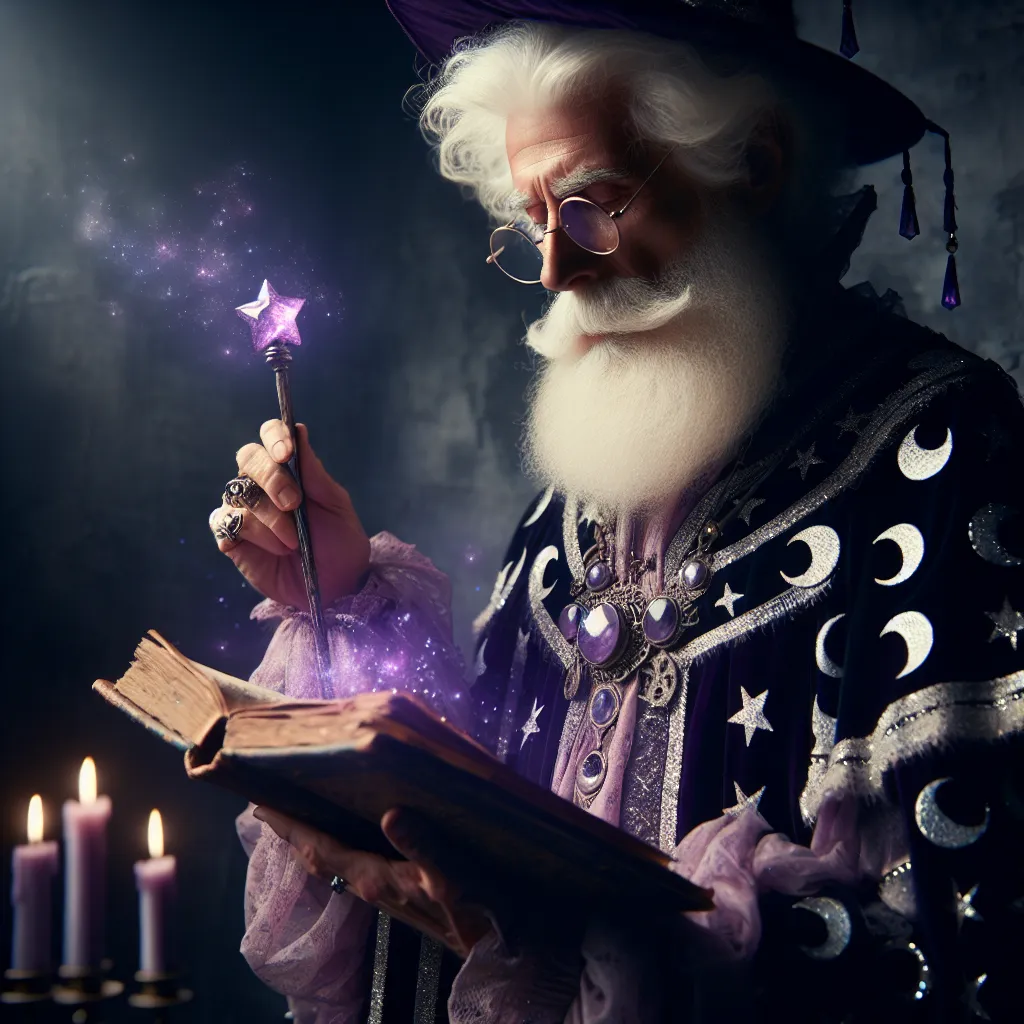 Un viejo mago mirando un misterioso libro lleno de magia, perfecto para una foto de perfil genial