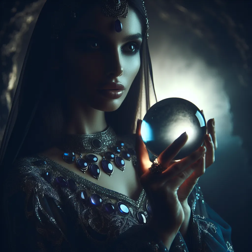 A mysterious sorceress looking into a glowing crystal ball, ideal for a cool profile picture