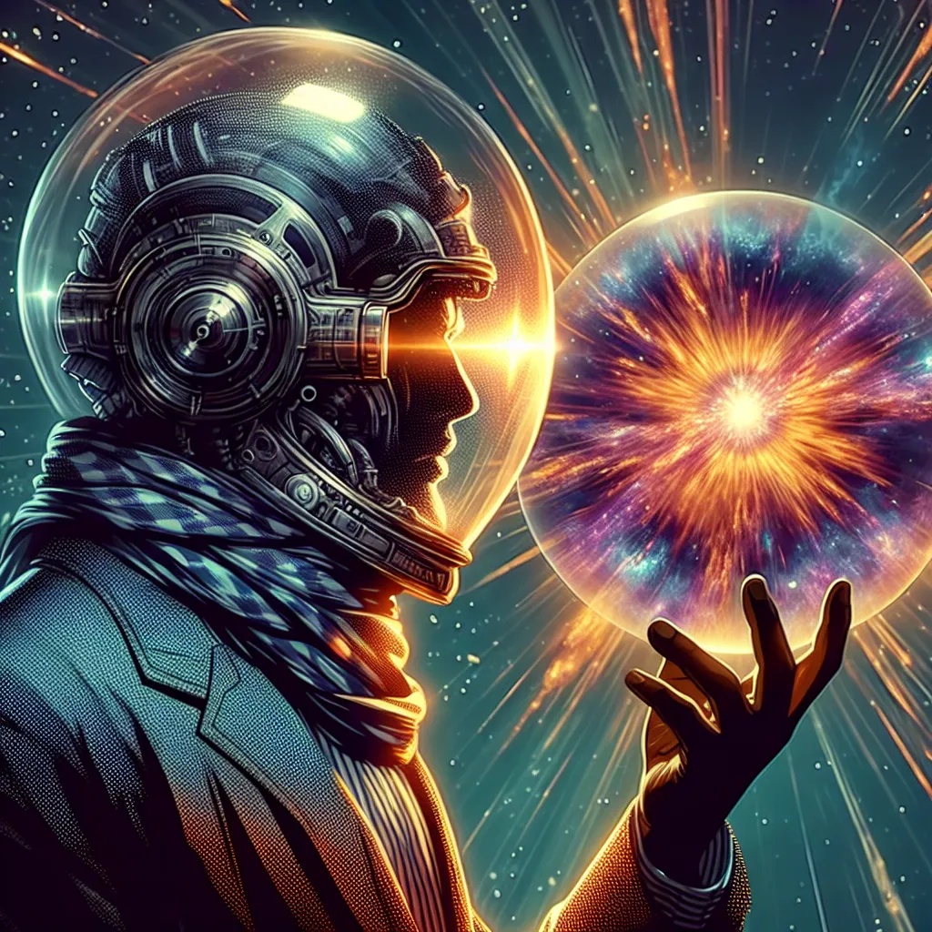 A fascinated time traveler observing the Big Bang, ideal for a cool profile picture
