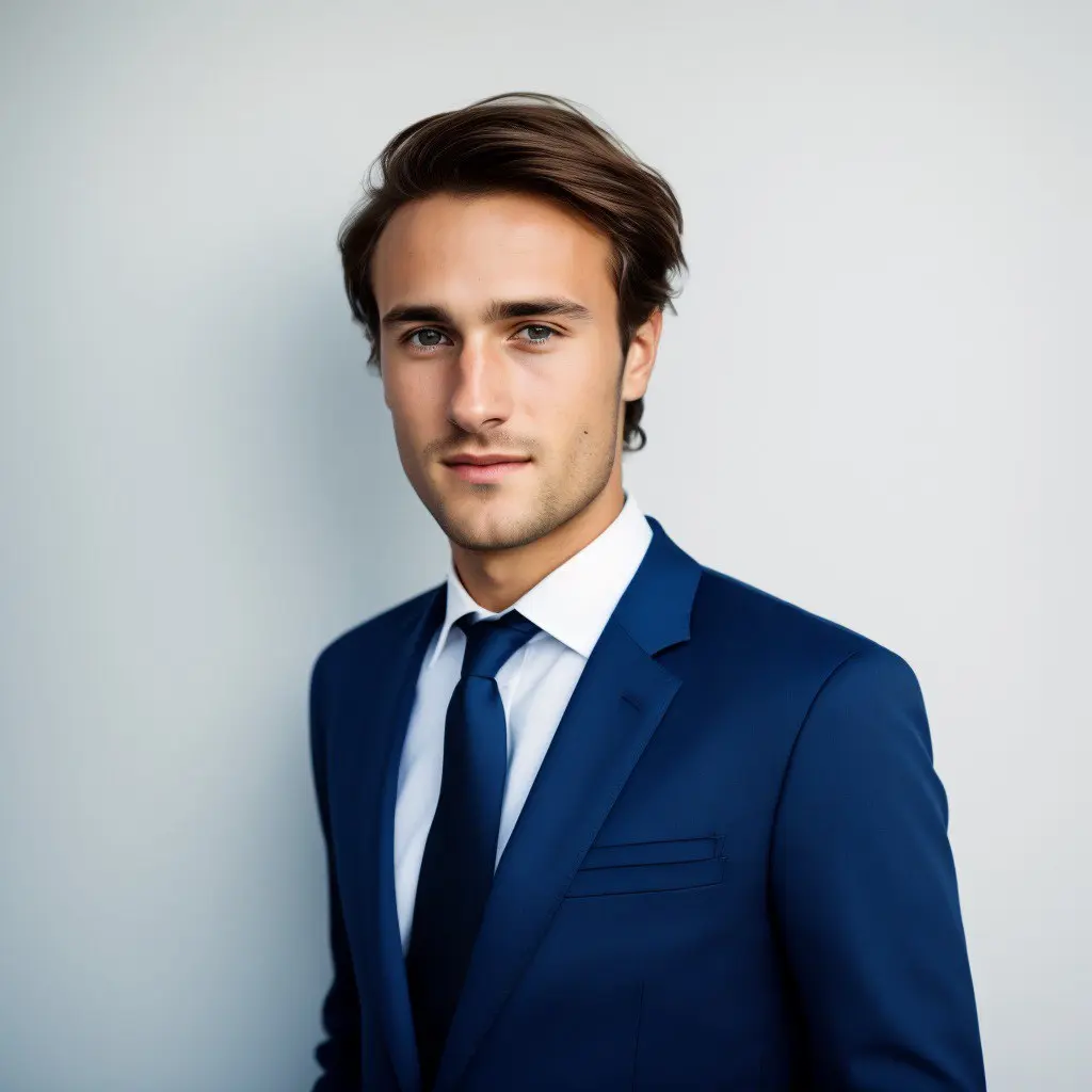 Professionelles Profilbild von einem jungen Mann in einem blauem Anzug